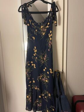 Reformation Navy Floral Tie-Shoulder Maxi Dress